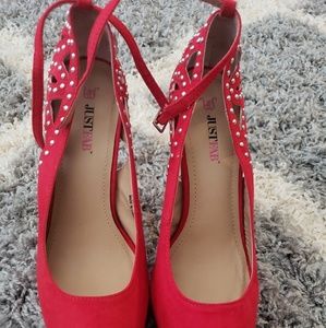 Red 6 inch heels w/ silver embellishments